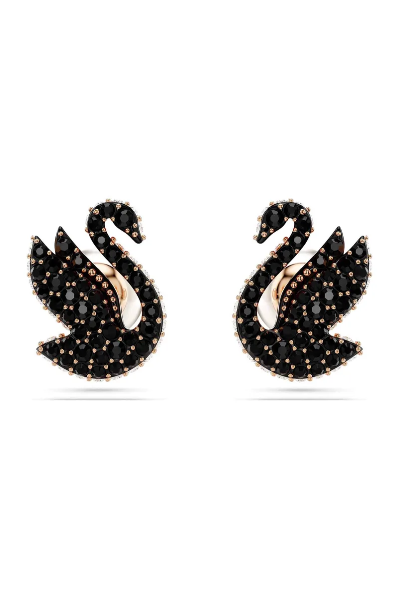 Swarovski γυναικεία σκουλαρίκια με καραφάκι κύκνος, μαύρα, επιμετάλλωση σε ροζ χρυσαφί τόνο "Swarovski Swan" - 5684608