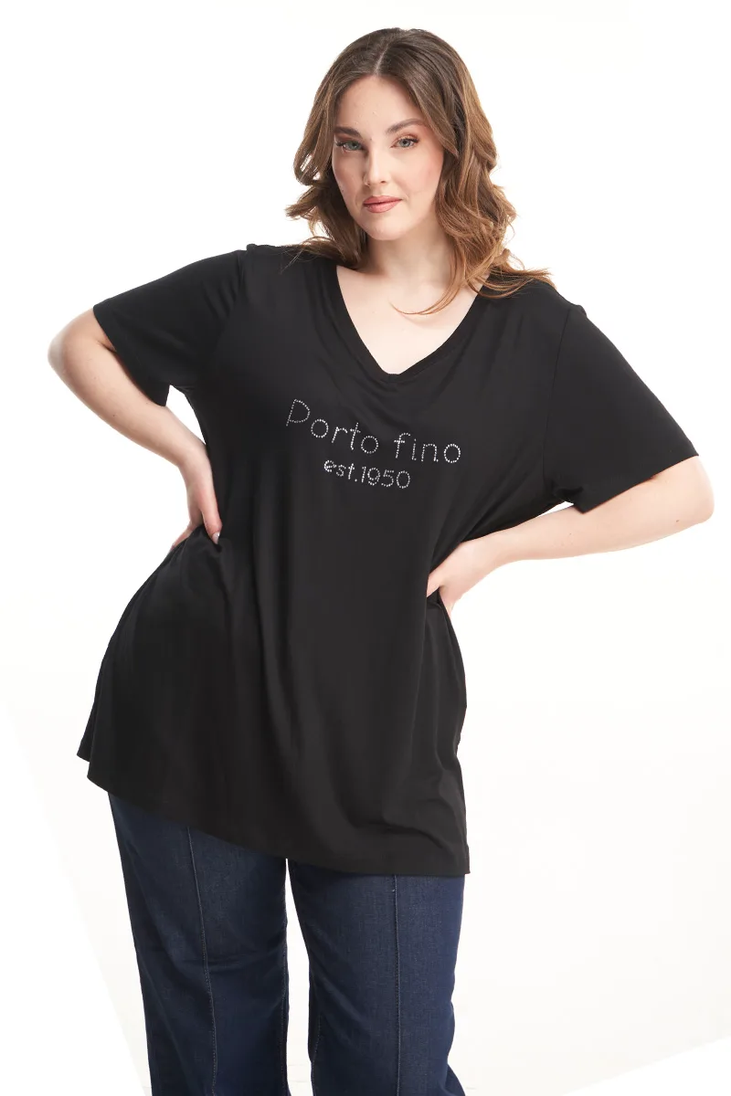 Μπλούζα με τύπωμα στρας "Porto fino" σε μαύρο χρώμα plus size