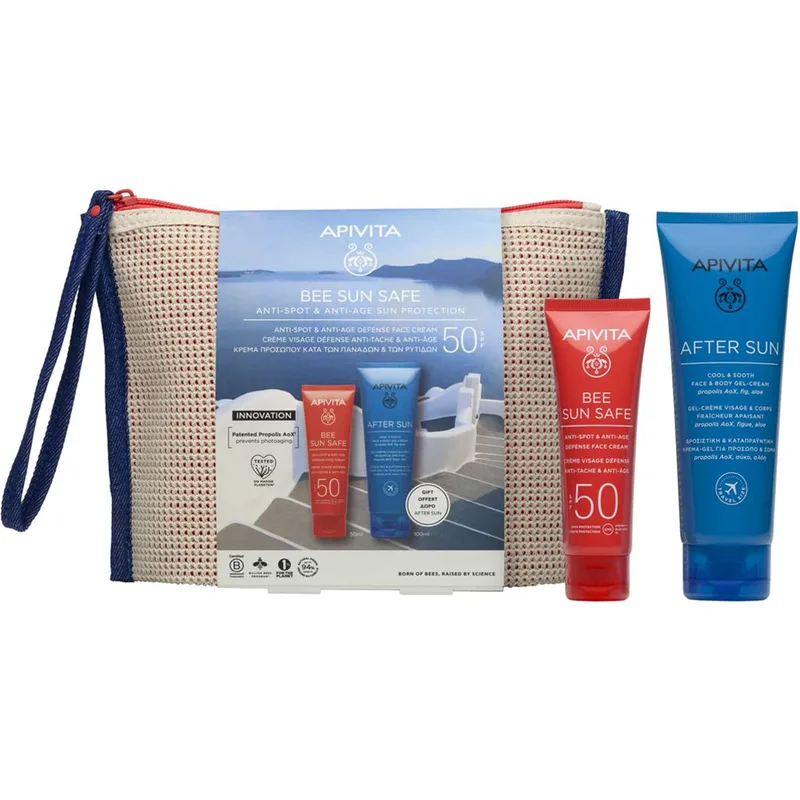 Apivita Promo Bee Sun Safe Anti-Spot & Anti-Age Defence Face Cream Spf50, 50ml & Δώρο After Sun Cool & Sooth Face & Body Gel-Cream Travel Size 100ml & Δώρο Νεσεσέρ 1 Τεμάχιο