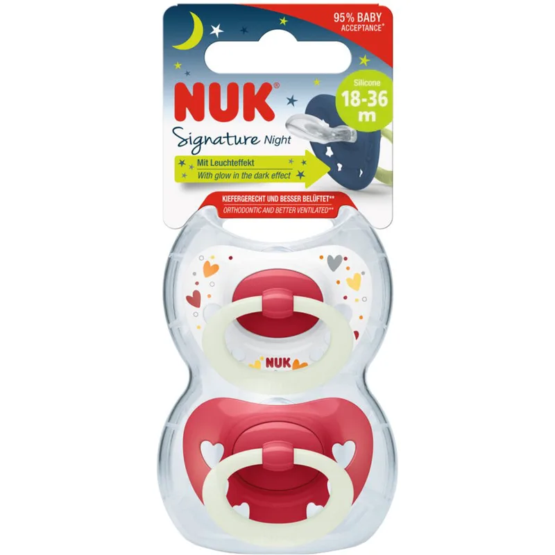 Nuk Signature Night Silicone Soother 18-36m Ορθοδοντική Πιπίλα Σιλικόνης με Κρίκο που Λάμπει στο Σκοτάδι 2 Τεμάχια - Κόκκινο