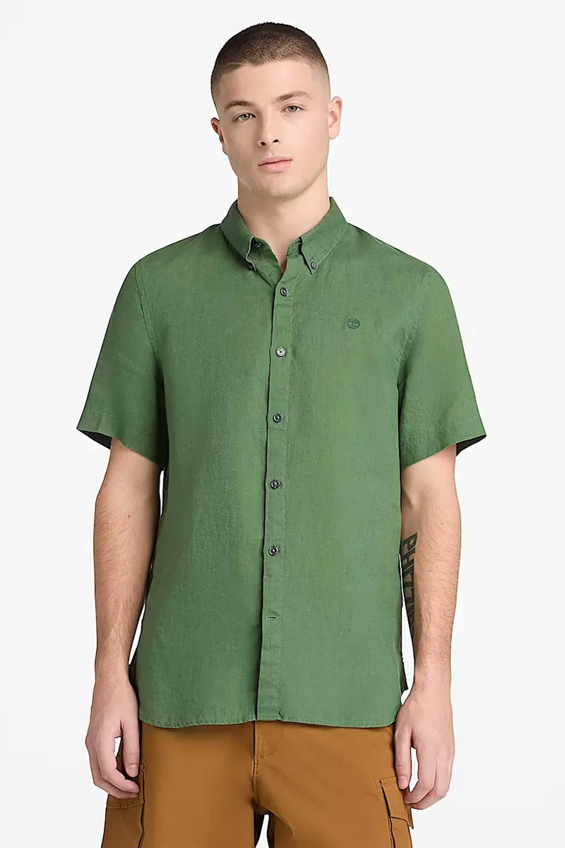 Timberland ανδρικό κοντομάνικο λινό πουκάμισο button down με κεντημένο tree logo Slim Fit "Mill Brook" - TB0A2DCCA6Z1 Πράσινο