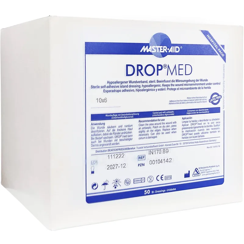 Master Aid Drop Med 10cm x 6cm Αυτοκόλλητες Γάζες με Ειδική Αντικολλητική Επιφάνεια 50 Τεμάχια