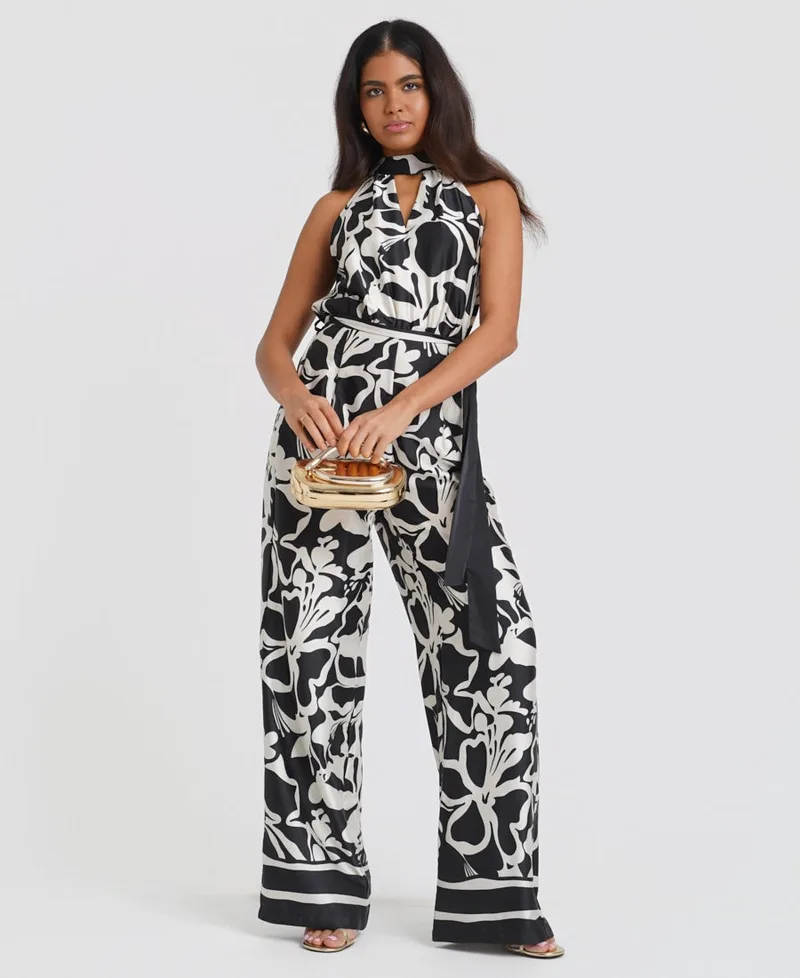 Black Floral Satin Halterneck Jumpsuit | Size: 12