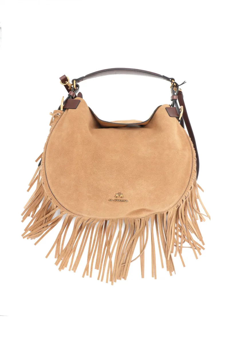 LA MARTINA ΤΣΑΝΤΑ ΧΕΙΡΟΣ/CROSSBODY ΔΕΡΜΑ HOBO SUEDE/CUOIETTO+FRI ΚΡΟΣΙΑ LOGO ΚΑΦΕ