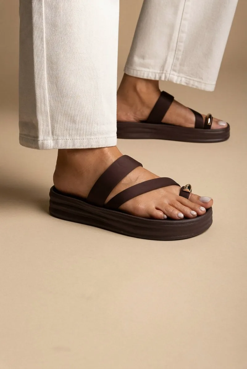 ERYNN Toe Ring Flatform Sandals - LS-623 - Brown Satin