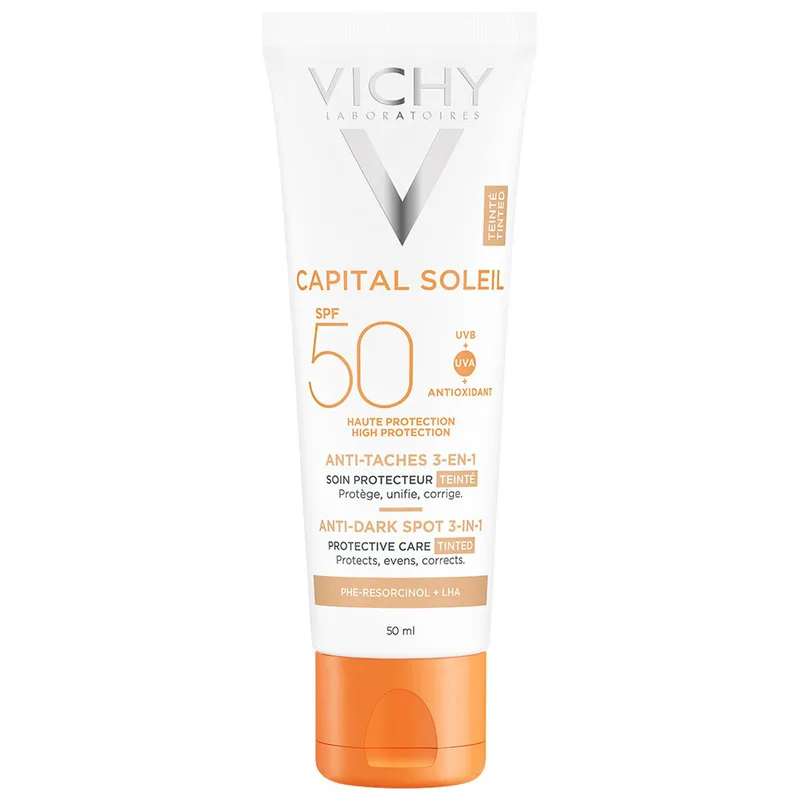 Vichy Capitall Soleil Spf50+ Cream 3-in-1 Tinted Anti Dark Spots Αντηλιακή Κρέμα Πολύ Υψηλής Προστασίας με Χρώμα Κατά των Κηλίδων 50ml