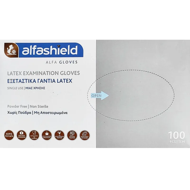 AlfaShield Latex Examination Gloves Εξεταστικά Γάντια Latex μιας Χρήσης Χωρίς Πούδρα, μη Αποστειρωμένα 100 Τεμάχια - Medium