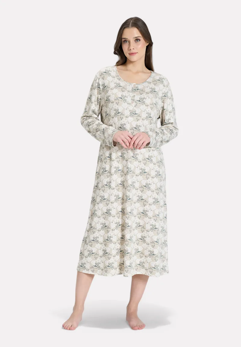 Pijadore Floral Νυχτικιά – Μακρυμάνικη με Κουμπιά (Μπεζ) PJDR1843-1-Μπεζ