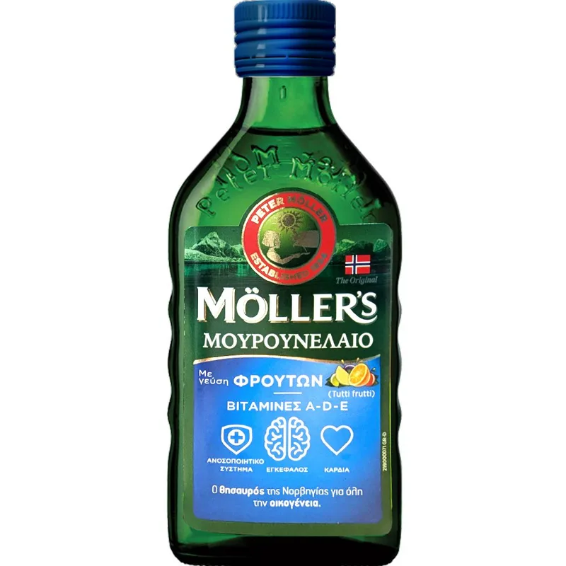 Moller's Cod Liver Oil Tutti Frutti Συμπλήρωμα Διατροφής Πόσιμου Μουρουνέλαιου Πλούσιο σε Ω3 με Βιταμίνες A, D & E με Γεύση Διάφορων Φρούτων 250ml