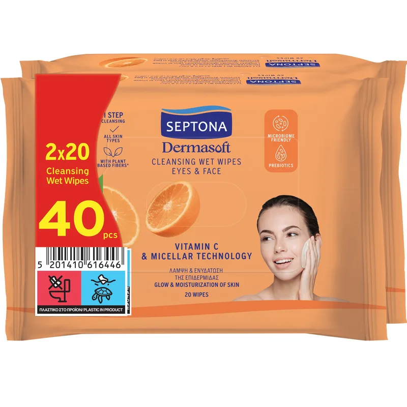 Septona Promo Dermasoft Cleansing Wet Wipes Eyes & Face Μαντηλάκια Ντεμακιγιάζ Προσώπου, Ματιών με Βιταμίνη E για Όλους τους Τύπους Επιδερμίδας με Άρωμα Πορτοκάλι 40 Τεμάχια (2x20 Τεμάχια)