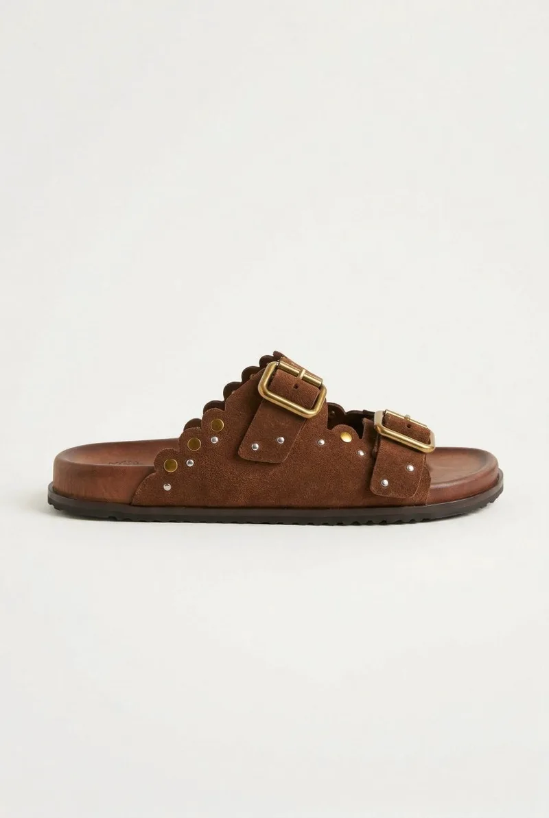 ATENEO Studded Buckle Sandals - 61316 - Brown Suede