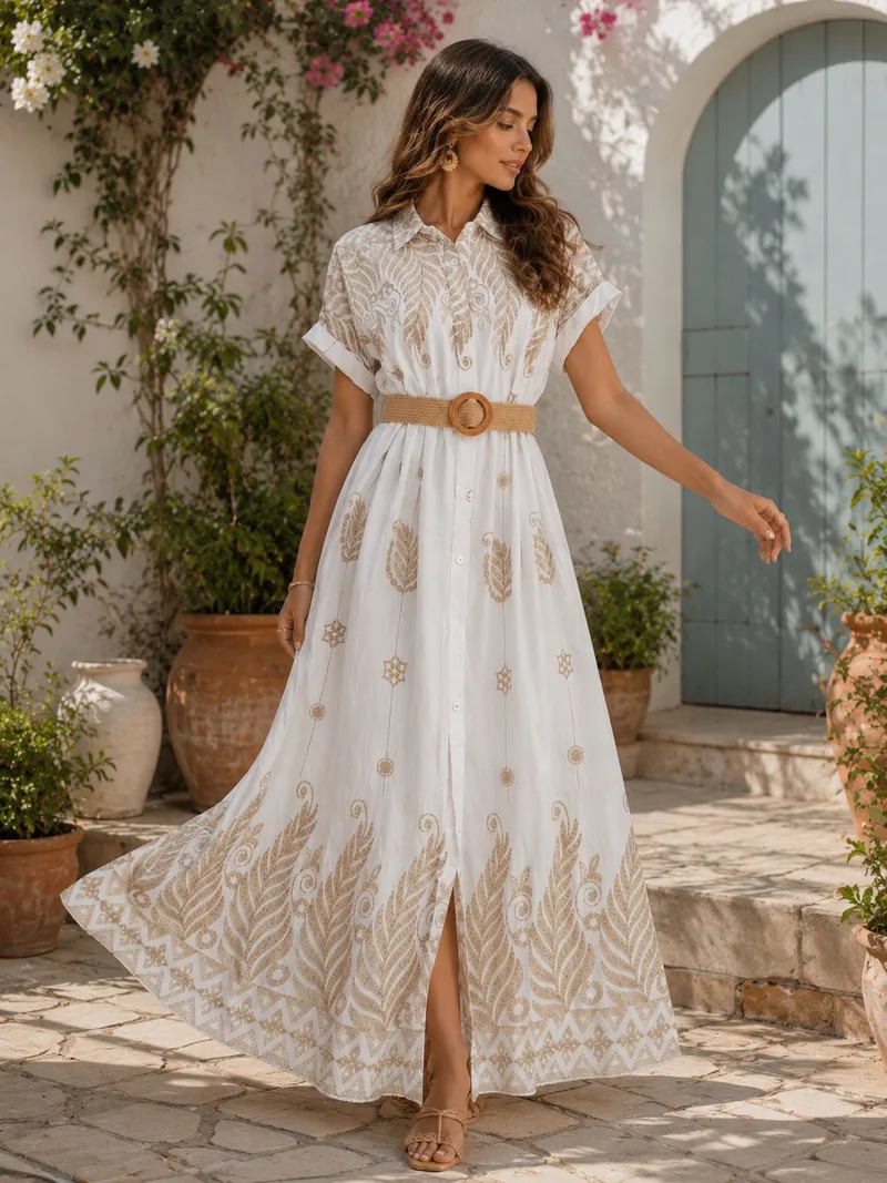 Maxi Καφτάνι Φόρεμα με Κέντημα & Ζώνη - Άσπρο | Dress Up Άσπρο