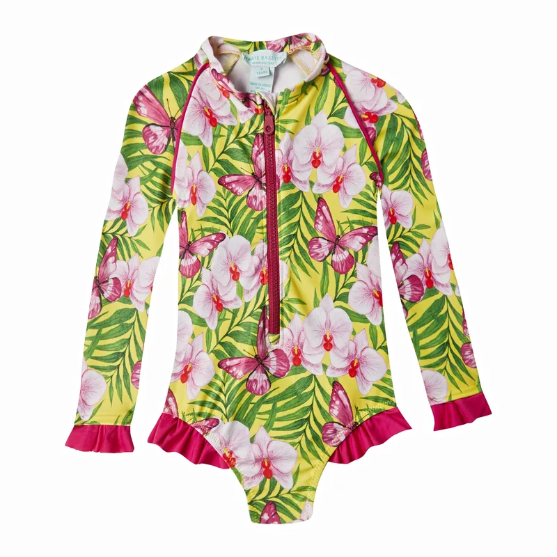 GIRL'S ONE PIECE LONG SLEEVE RUFFLES ORCHIDS