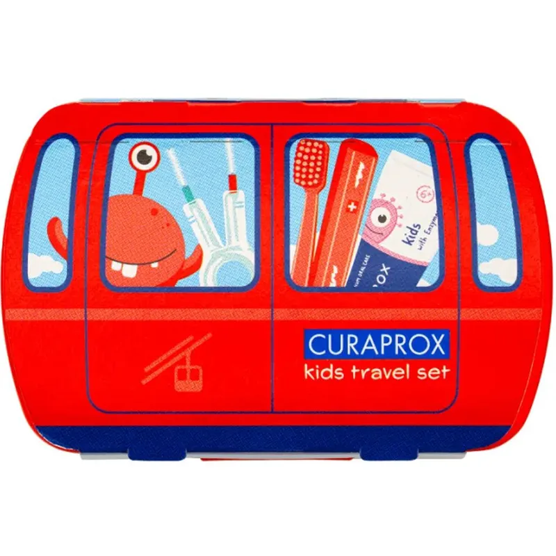 Curaprox Kids Oral Hygiene Σετ Ταξιδιού Στοματικής Φροντίδας Παιδιών από 6 έως 12 Ετών με Οδοντόκρεμα με Γεύση Καρπούζι, Οδοντόβουρτσα με Πολύ μαλακές Ίνες, Μεσοδόντια & Θήκη Travel Set 1 Τεμάχιο - Κόκκινο