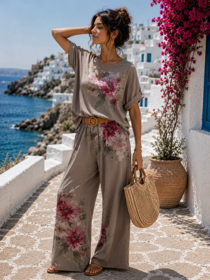 Γυναικείο Floral Σετ με Oversized Μπλούζα & Παντελόνα - Μπεζ | Dress Up Μπεζ