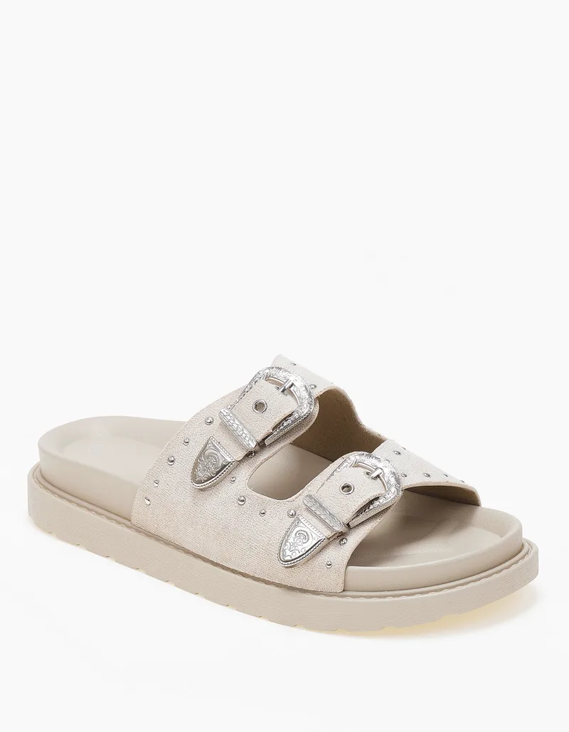 Σανδάλια flatform με suede υφή και αγκράφες - Μπεζ