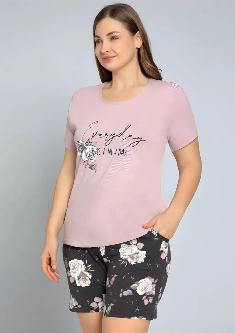 Plus Size Βαμβακερή Πιτζάμα Ροζ Γκρι - Ροζ
