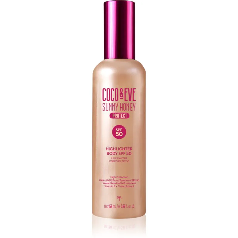 Coco & Eve Sunny Honey Highlighter Body SPF50 προστατευτικός ορός με αποτέλεσμα λάμψης SPF 50 150 ml