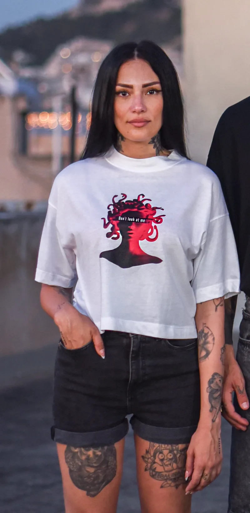 Short Crop White T-Shirt Don't Look At Me Medusa
