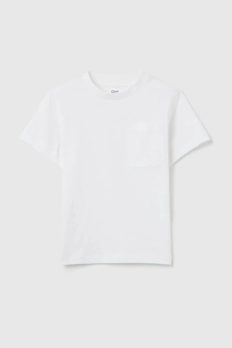 OVS παιδικό T-shirt μονόχρωμο με τσέπη Regular Fit - 002269145 Λευκό