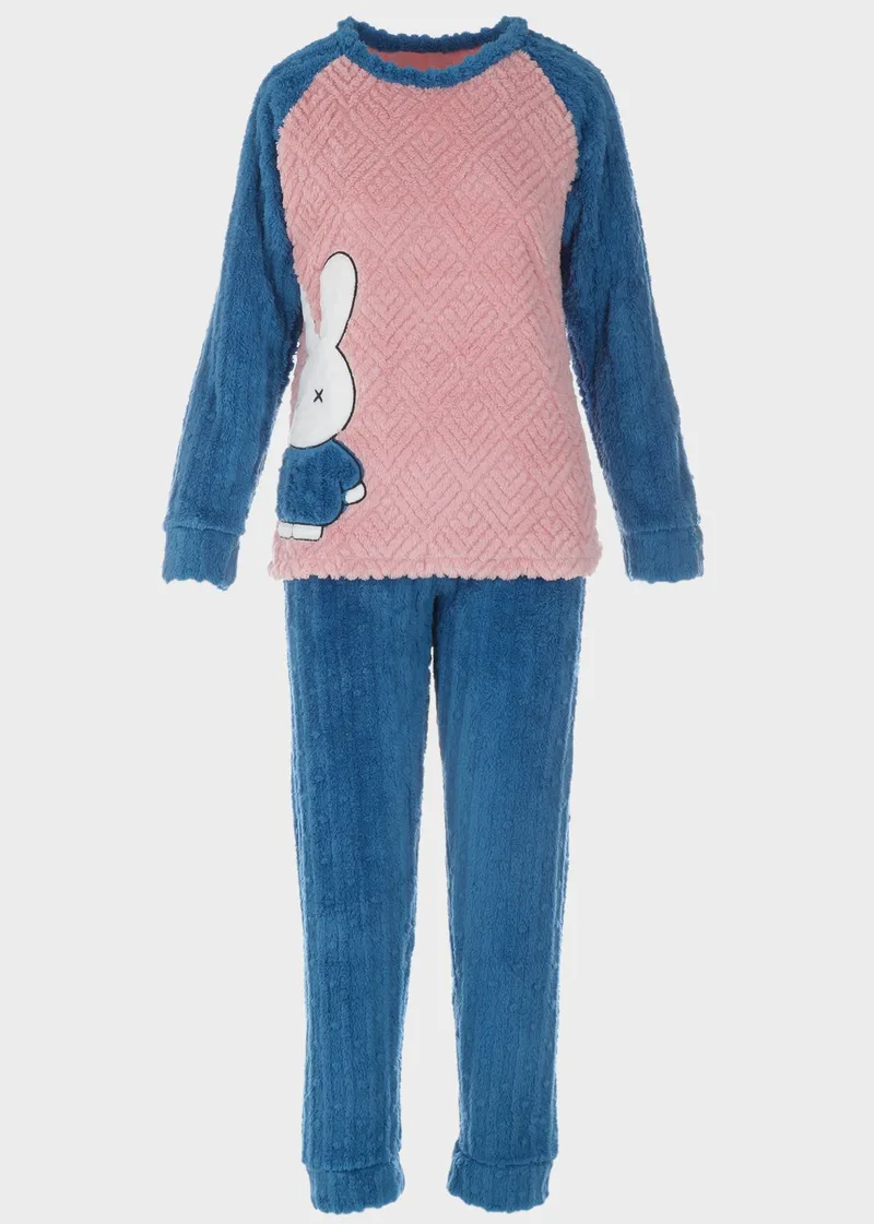 Γυναικεία πιτζάμα fleece ανάγλυφο σχέδιο μονόχρωμο παντελόνι ΡΟΖ