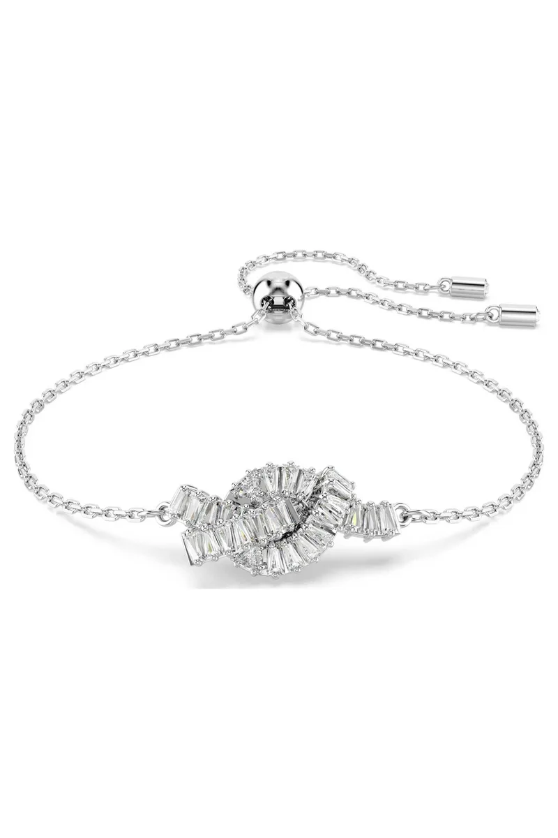 Swarovski γυναικείο βραχιόλι κοπή baguette, κόμπος, λευκό, επιμετάλλωση ροδίου "Matrix" - 5731101