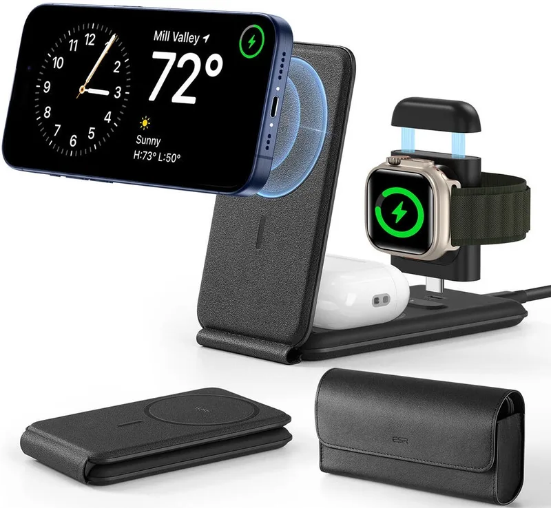 ESR HaloLock Qi2 3-in-1 Travel Wireless Charging Set - Σετ Αναδιπλούμενη Φορητή Μαγνητική Βάση Ασύρματης Φόρτισης MagSafe για Apple iPhone / AirPods / Αποσπώμενο Μαγνητικό Φορτιστή Type-C για Apple Watch & Θήκη Μεταφοράς - 15W - Black (4894240227251)