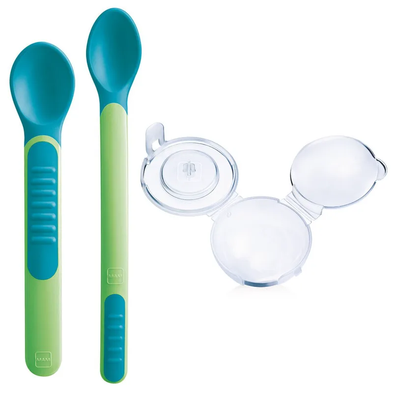 Mam Heat Sensitive Spoons & Cover 6m+ Μαλακά Βρεφικά Θερμοευαίσθητα Κουταλάκια με Θήκη 2 Τεμάχια, Κωδ 513 - Πράσινο