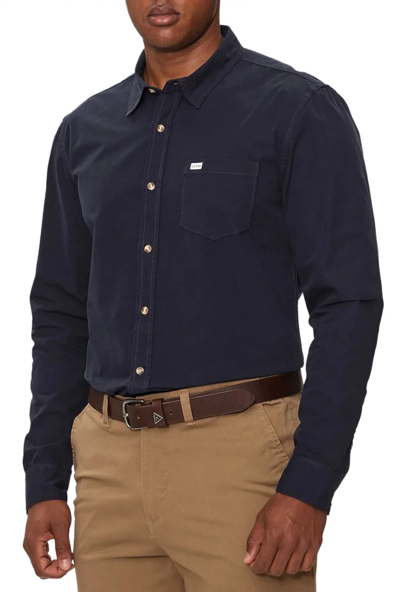 GUESS JEANS ΠΟΥΚΑΜΙΣΟ SLIM FIT LOGO ΜΠΛΕ