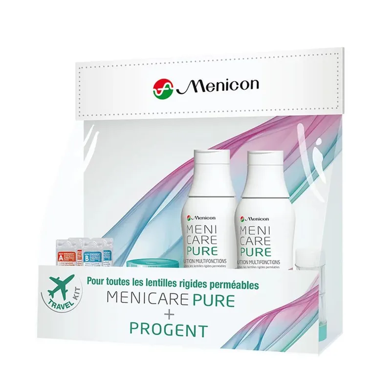 Menicon MeniCare Pure Travel multifunction solution kit + Progente 2x70ml + 2 treatments + 2 cases