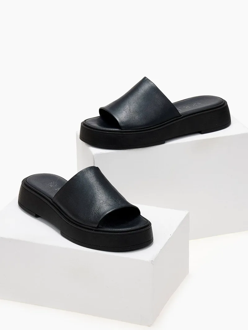 IRIS Leather Flatform Sandals Wide Strap - 22/1SK - Black