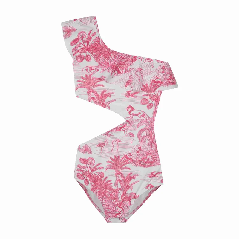 GIRL'S ONE SHOULDER CUT OUT JUNGLE PINK
