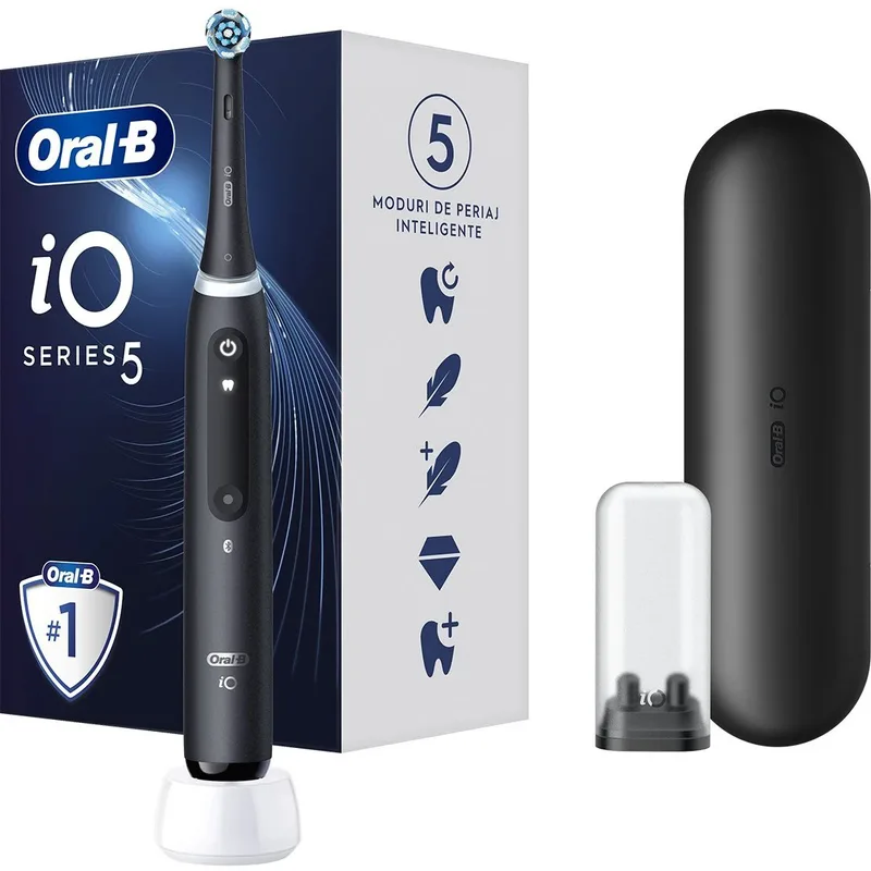 Oral-B iO Series 5 Electric Toothbrush Επαναστατική iO Τεχνολογία Βουρτσίσματος, 5 Έξυπνα Προγράμματα Επαγγελματικού Καθαρισμού Μαύρο 1 Τεμάχιο
