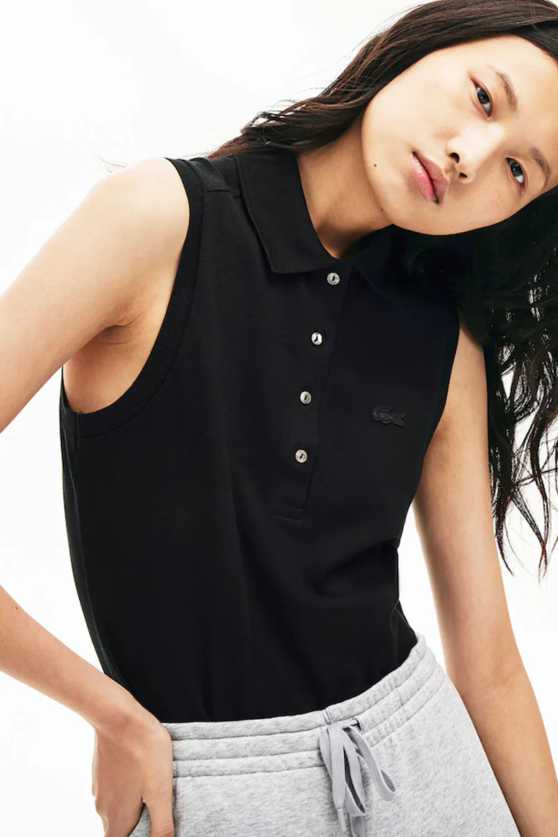Lacoste γυναικεία μπλούζα πόλο αμάνικη πικέ με κεντημένο λογότυπο Slim Fit - PF5445 Μαύρο
