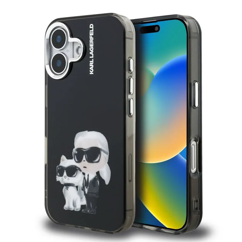 Θήκη Karl Lagerfeld IML Aquarelle Karl and Choupette Logo Black iPhone 16