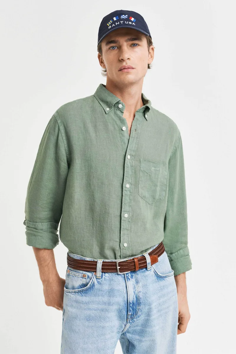 Gant ανδρικό λινό πουκάμισο button down με τσέπη και κεντημένο λογότυπο Regular Fit - 3240120 Πράσινο Ανοιχτό