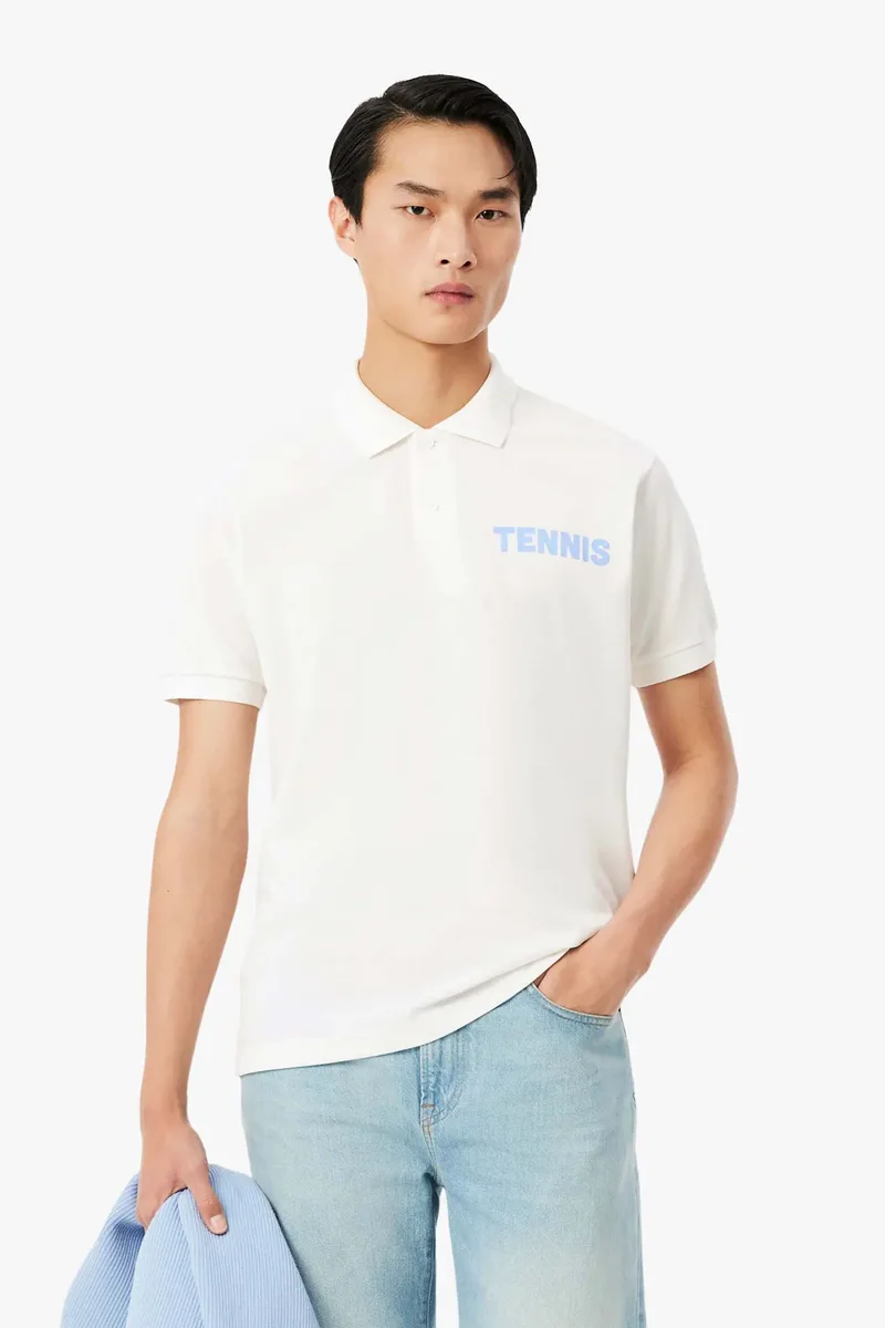 Lacoste ανδρική μπλούζα πόλο πικέ με tennis print Classic Fit - PH1581 Λευκό