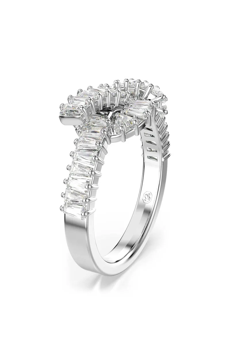 Swarovski γυναικείο δαχτυλίδι κοπή baguette, κόμπος, λευκό, επιμετάλλωση ροδίου "Matrix" (58) - 5727112