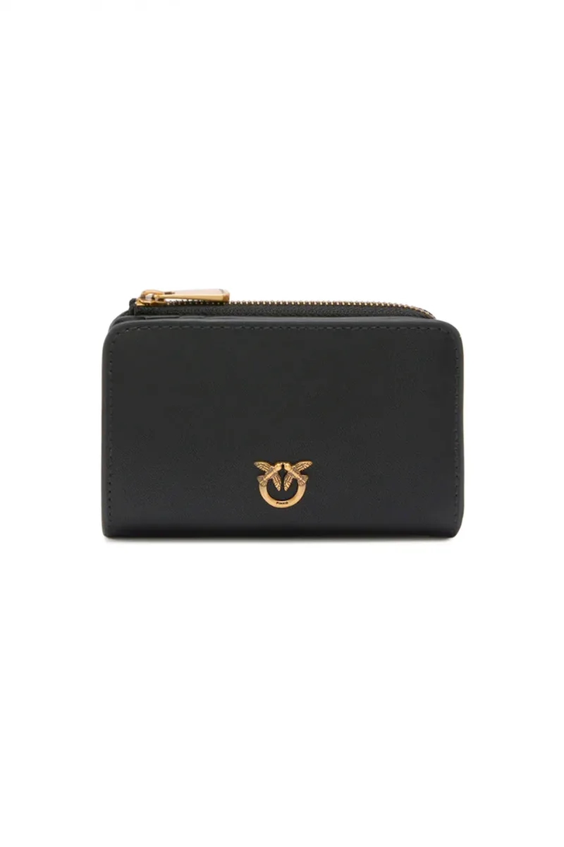 PINKO ΠΟΡΤΟΦΟΛΙ MINI WALLET VITELLO SETA ΜΑΥΡΟ - ANTIQUE GOLD