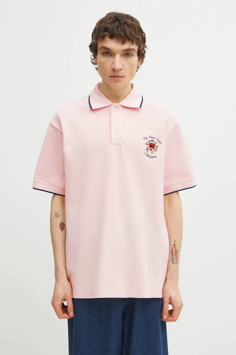 Βαμβακερό μπλουζάκι πόλο Drôle de Monsieur Polo Piqué Slogan Rose