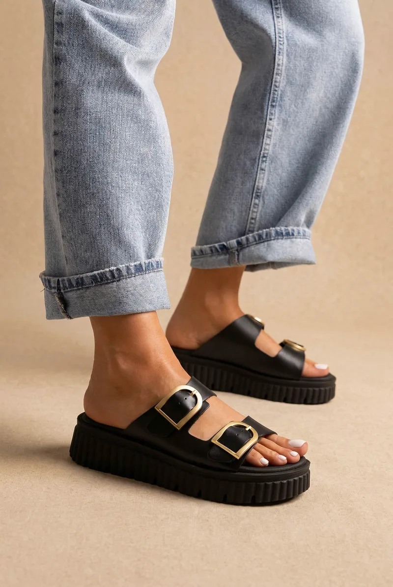 RAGAZZA Leather Flatform Sandals - 01250 - Black Matte