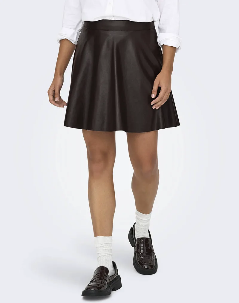 ONLY ONLUNA FAUX LEATHER FLARED SKIRT OTW 15356642-Black Coffee DarkBrown