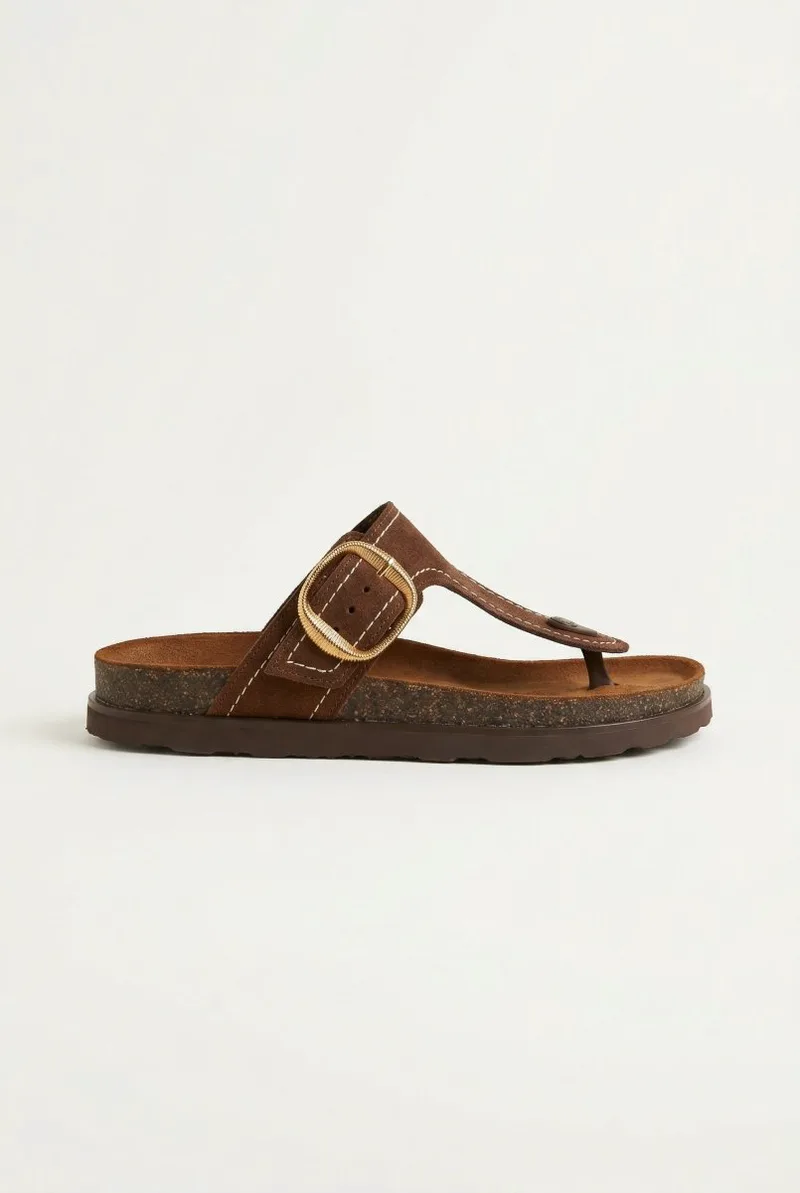 ATENEO T Strap Sandals Buckle Detail - 62105 - Brown Suede