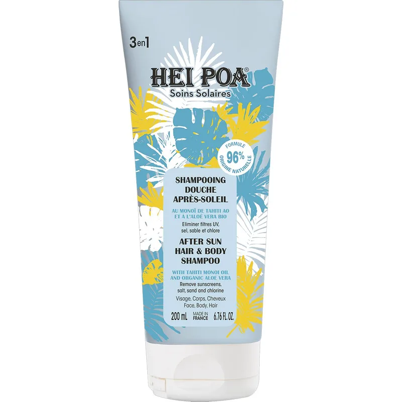 Hei Poa After Sun Hair & Body Shampoo Monoi & Aloe Vera Σαμπουάν & Αφρόλουτρο για Μετά τον Ήλιο Κατάλληλο για Πρόσωπο, Σώμα & Μαλλιά με Οργανική Αλόη Βέρα 200ml