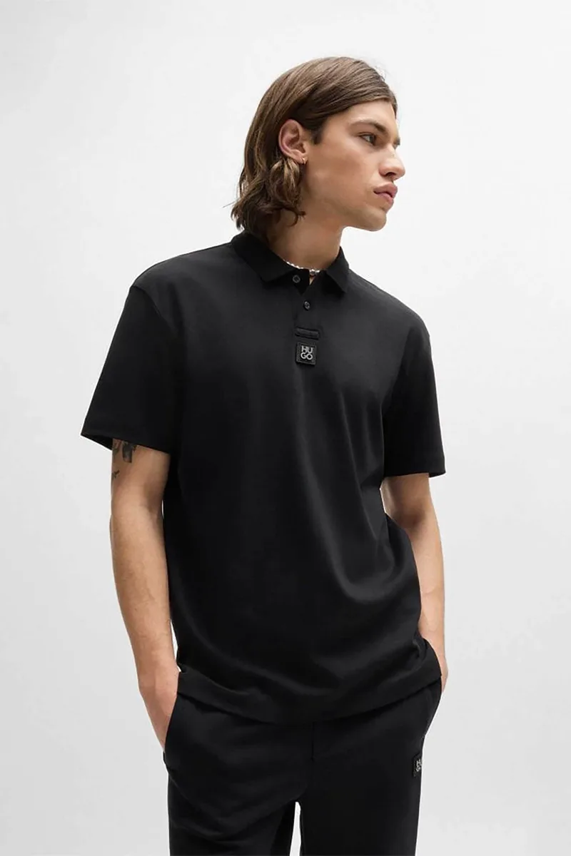Hugo Boss ανδρική μπλούζα πόλο μονόχρωμη με logo patch Regular Fit "Deabono" - 50517638 Μαύρο