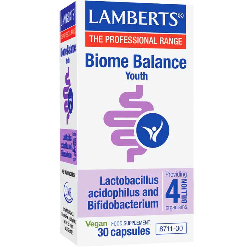 Lamberts Biome Balance Youth Συμπλήρωμα Διατροφής Συνδυασμού 2 Προβιοτικών Στελεχών για την Αποκατάσταση της Ισορροπίας των Φιλικών Βακτηρίων του Εντέρου σε Έφηβους 30caps