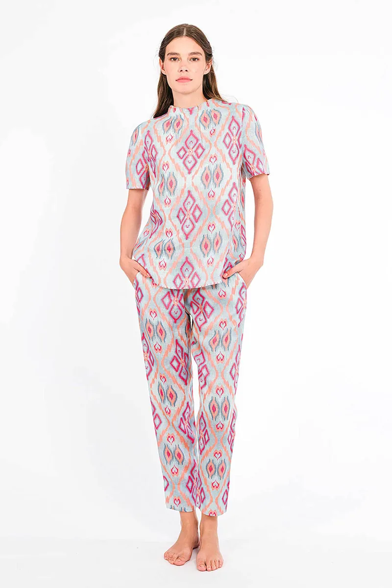 Nimo With Love γυναικείο παντελόνι με print "Amber Ikat" - Amber Pants Γαλάζιο