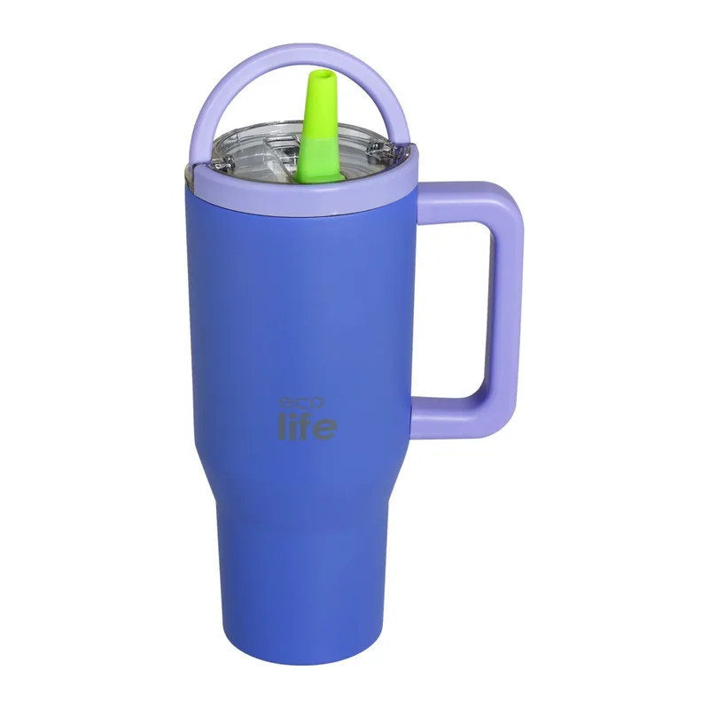 EcoLife Θερμός Ποτήρι Ανοξείδωτο 2 Handles Blue Purple Με Καλαμάκι 900ml