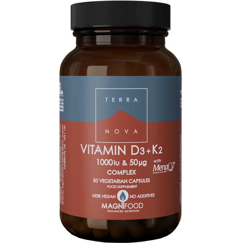 Terranova Vitamin D3 1000iu & K2, 50µg Συμπλήρωμα Διατροφής με Βιταμίνη D3 & Κ2 για την Ενίσχυση του Καρδιαγγειακού Συστήματος & των Οστών - Μυών - Δοντιών 50veg.caps