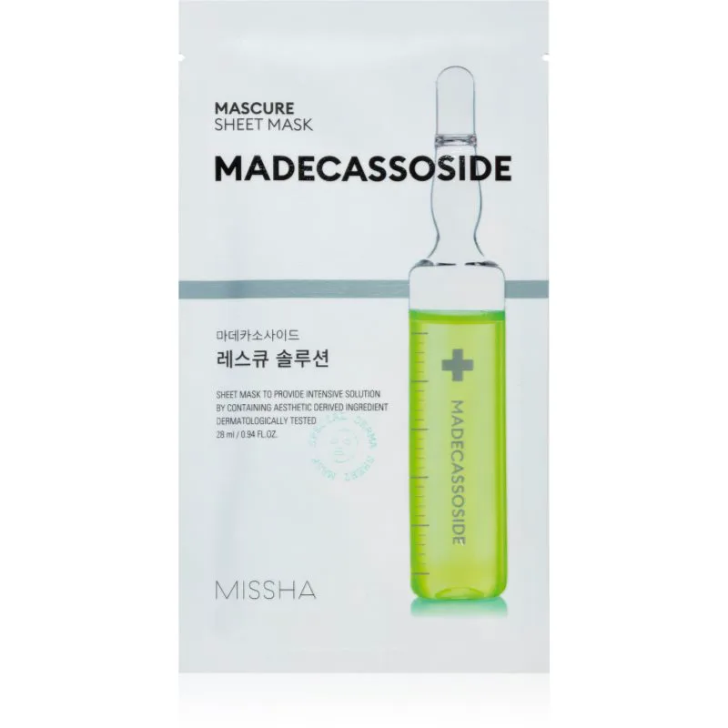 Missha Mascure Madecassoside υφασμάτινη μάσκα περιποίησης για ευαίσθητη και ερεθισμένη επιδερίδα 28 ml
